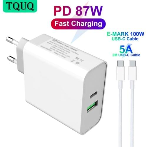 TQUQ 2 Port 87W USB C Laptop Power Adapter, PD 87W/65W/45W USB Travel Charger 5A Cable For MacBook Pro/Air iPhone Xiaomi Samsung