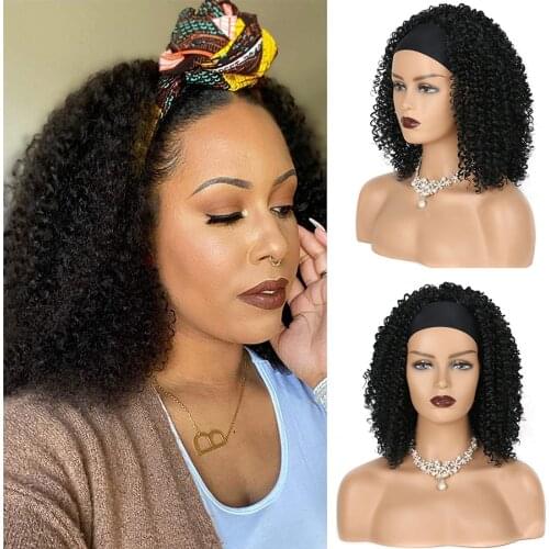 Afro Womens Headband Wig Synthetic Kinkly Curly Bouncy Heat Resistant Headband Wigs for Women/ Free Hair Band/Omber/Black