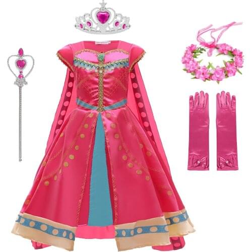 Aladdin Princess Jasmine Cosplay Dress for Girl Halloween Party Costume Christmas Rose Pink Dresses with Cloak Cape