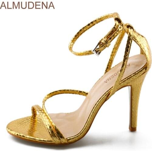 ALMUDENA Gold Snakeskin Sandals Thin Strappy Python Sandals Thin High Heel Nightclub Girls Dress Shoes Bridal Wedding Pumps