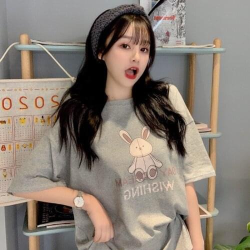 OLOMLB Loose Soft Sweet Short-Sleeve T-Shirt Women Kawaii Japanese Style Top Cute Rabbit Summer Cartoon Printing Tees Female