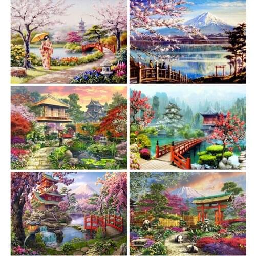 Kamy Yi Diy 5d Square Diamond Handmade Round Rhinestone Cross Stitch Japanese Cherry Blossom Painting Picture Home Decoration