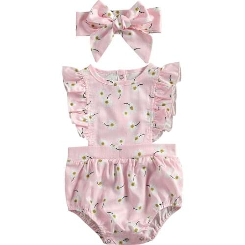 0-24 Months Toddler Baby Flower Printing Two-pieces Set, Infant Girls Round Collar Flying Sleeve Bodysuit Skirt + Headband Set