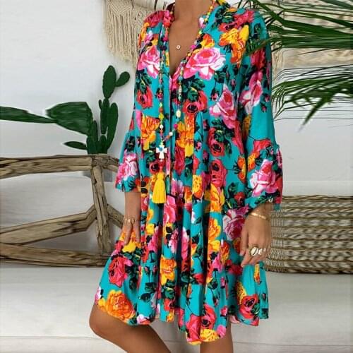 Summer Sexy V-Neck Button Loose Dress Elegant Floral Print Beach Dress Vintage Spring Long Sleeve Party Dress Vestidos Plus Size
