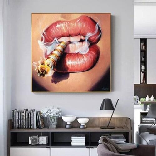 Fashion Sexy Lips Woman Cigarette Art Oil Painting Printing on Canvas Wall Art Posters Picture for Living Room Home Decor Gift