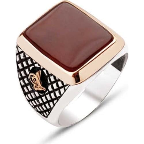 Silver Agate Gemstone Ottoman Tuğralı Male Ring