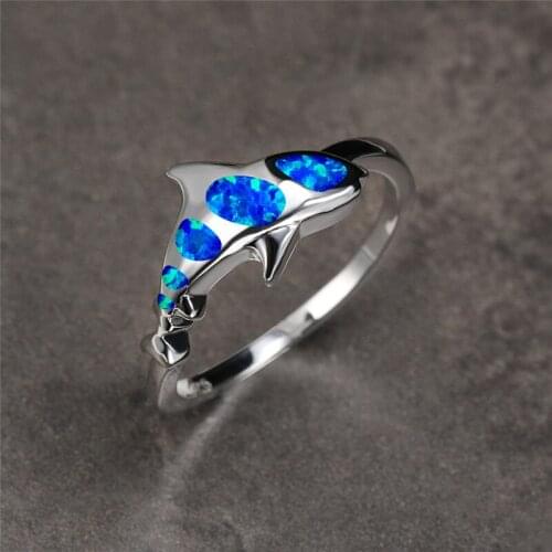 Creative Animal Dainty Shark Ring Fashion Female White Blue Opal Stone Ring Classic Silver Color Thin Engagement Rings For Women