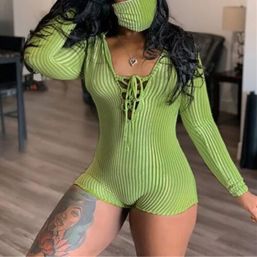 2020 Autumn New Women Sexy Long Sleeve Deep V Neck Bandage Knitted Bodysuit Playsuit Bodycon Lace Up Jumpsuit Casual Homewear