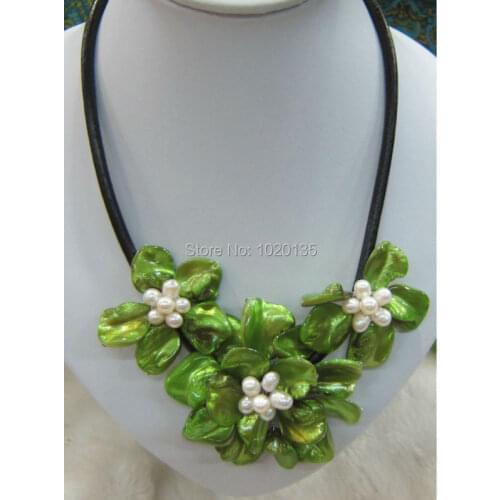 New green flower white pearl baroque necklace 18inch wholesale beads nature gift discount FPPJ