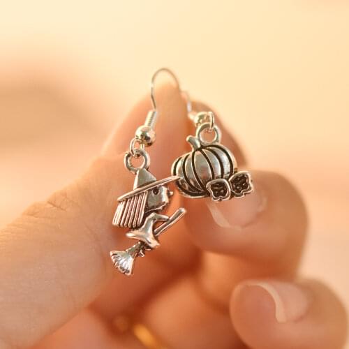 New Retro Halloween Series Witch Broom Pumpkin Asymmetric S925 women engagement Earrings