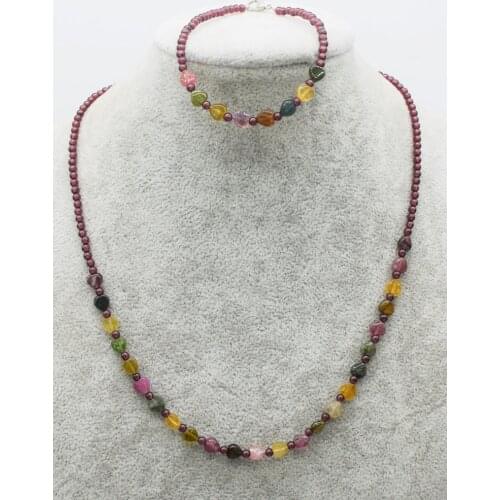 One set tourmaline stone round heart garnet red 3mm necklace bracelet 18" FPPJ wholesale beads nature