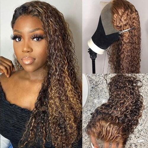 Honey Blonde Highlighted Wigs 13x6x1 Ombre Brown Curly Lace Front Human Hair Wig PrePlucked Lace Frontal Peruvian T Part Wig