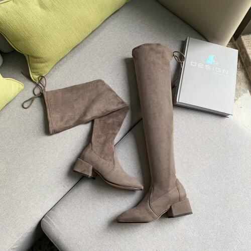 Sexy Over The Knee High Boots Women Suede Leather Thick Heels Women Boots Autumn Winter Black Gray Khaki Party Shoes Woman