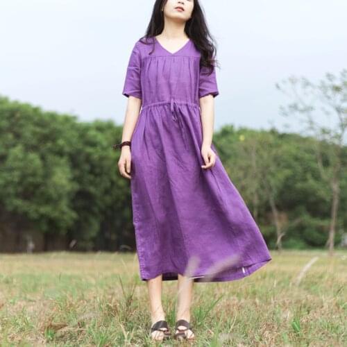 QPFJQD Ladies Autumn Summer Linen Solid Color Dress Retro Flax Female Waisted V Neck Dresses Short Sleeve