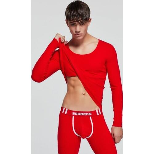 SEOBEAN WINTER AUTUMN NEW Mens sexy SOLID Long johns Low Rise Thermal Underpants leggings and top set