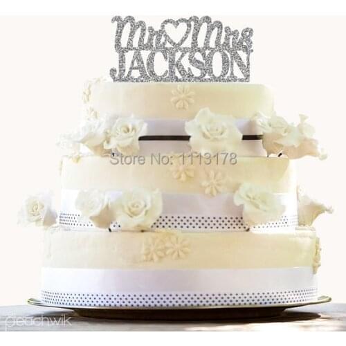 Silver heart Mr and Mrs Topper Glitter Wedding Cake Topper Design Custom Last Name Wedding Cake Topper