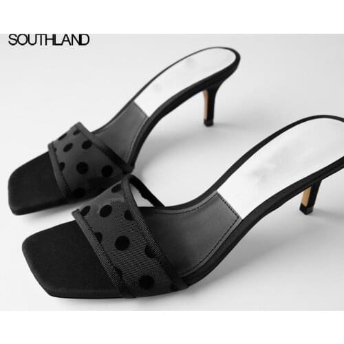 SOUTHLAND 2020 New Summer Sexy Women Med heel Slide Sandals Black Polka Dot Air mesh Female Slippers Outside