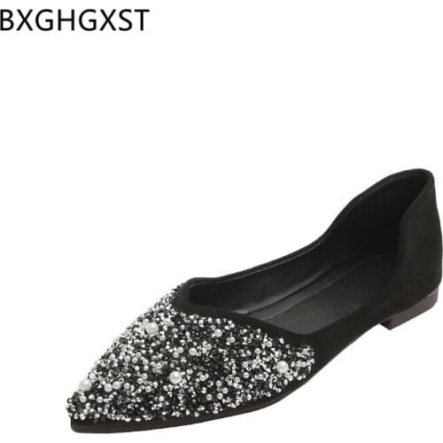 Flat Casual Shoes Women Fashion Loafers Shoes Woman Crystal Pointed Toe Black Boat Shoes for Women 2021 Pearl Zapatos De Mujer