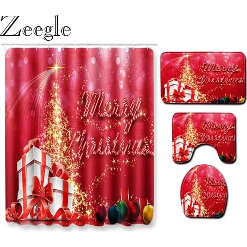 Zeegle Merry Christmas Shower Curtain Polyester Waterproof Bath Curtain Anti-slip Bathroom Carpet Set Absorbent Bath Foot Mat