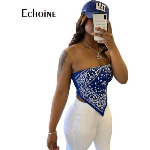 Echoine 2020 Summer Casual T-Shirts Women Strapless Sleeveless bandana National Print Sexy Tees Night Club Party Slim Crop Tops
