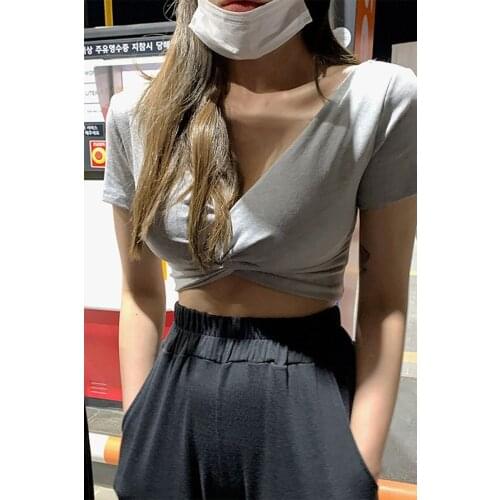 2021Korea Fashion Daily Womens V-neck Solid Color Knot Short T-shirt Ladies Casual Top