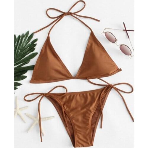 Women Sexy 2pcs Brazilian Bikini Set Halter Triangle Micro Swimsuit Solid Color Side Tie High Cut Push Up Bathing Suit