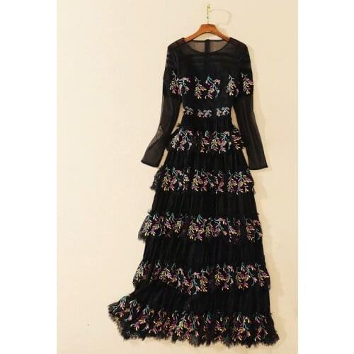 New HIGH QUALITY Stylish Fashion 2021 Designer Runway Dress Womens O-Neck Long sleeve Embroidery Lace Vintage Long dress