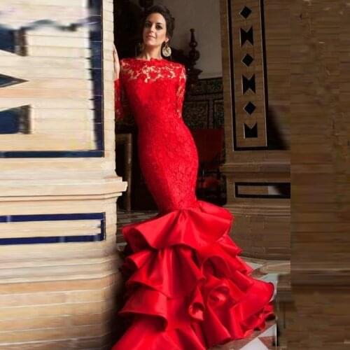 Sexy Backless Red Long Sleeve Prom Dresses Mermaid Lace Prom Gown Ruffles Skirt Party Dresses 2020 robe de soiree