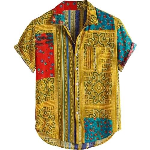 65# Summer Mens Shirts Ethnic Printing Beach Short Sleeve Blouse Shirt Casual Loose Hawaiian Floral Shirt Hip Hop Camisa