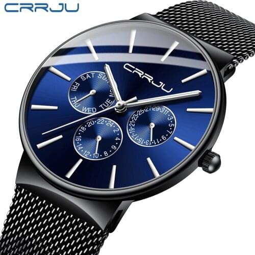 Reloj hombre Men Watches CRRJU Top Brand Luxury Waterproof Watch Ultra Thin Date WristWatch Male Mesh Strap Casual Quartz Clock