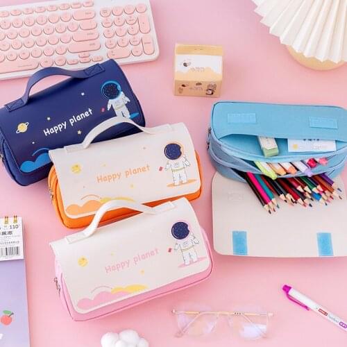 Portable PU leather pencil case Cute canvas pencil bag Double zipper pen case School supplies storage bag Student stationery bag