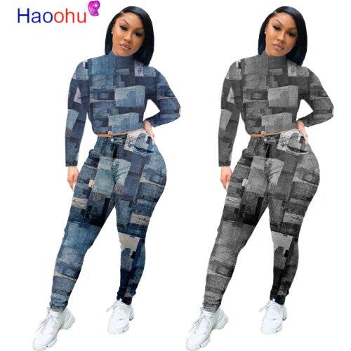HAOOHU Active Fake Jean Print Womens Set Long Sleeve Tops Legging Pants Matching Set Tracksuit Fitness Two 2 Piece Set Outfit