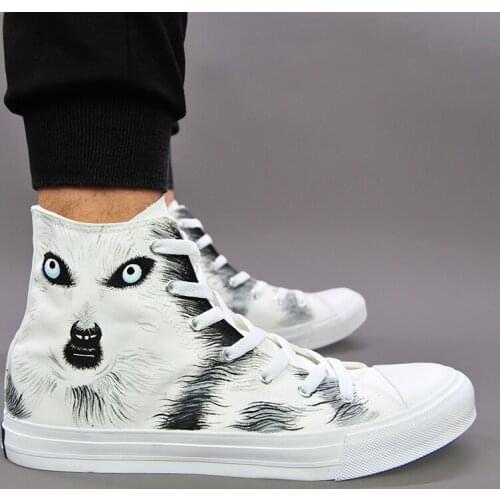 Wen White Hand Painted Animal Shoes Snow Ground Wolf Unisex Design High Top Canvas Flats Sneakers for Boys Girls Gifts