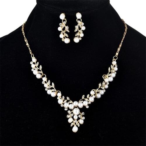 Elegant Luxury Women Jewelry Sets Leaf Crystal Wedding Bridal Jewelry Imitation Pearl Necklace Earring Set Wedding Party Jewelry