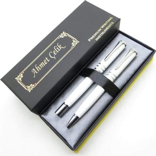 Wings Twin RT146 White Chrome Patterned Roller Pen + Ballpoint Pen Set | İsme Special Pen | Gift Pen Set