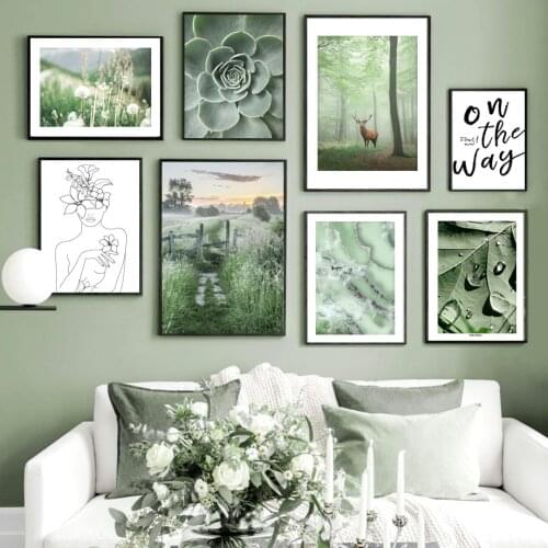 Forest Trail Deer Succulents Green Nature Wall Art Canvas Painting Nordic Posters And Prints Wall Picture For Living Room Decor