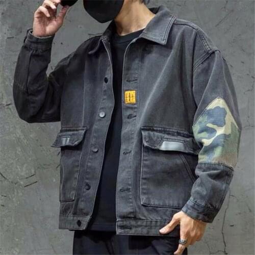 Mens Jacket 2021 Spring Autumn Turn-down Collar Coats Wild Outwear Loose Korean Washed Denim Camouflage Patchwork Cargo Jackets