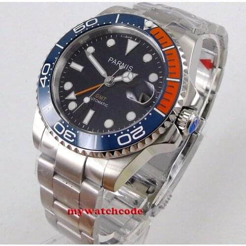 40mm parnis Black dial sapphire glass blue orange bezel automatic folding buckle mens watch