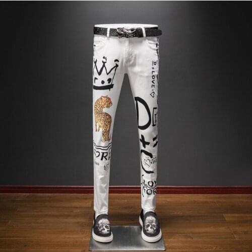 Summer Leopard Mens Print Graffiti Jeans Slim Fit Lightweight White Stretch Cotton Denim Pants For Men