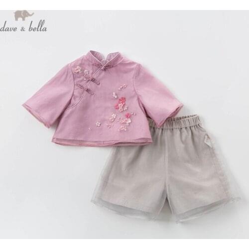 DBM12918 dave bella spring baby girls Chinese style floral zipper clothing sets kids cute long sleeve sets children 2 pcs suit