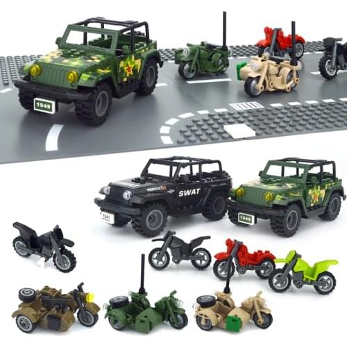 Military Cross Country Motorcycle Army Soldiers SWAT SUV City Police Car Brick Set WW2 Military Accessories Building Blocks