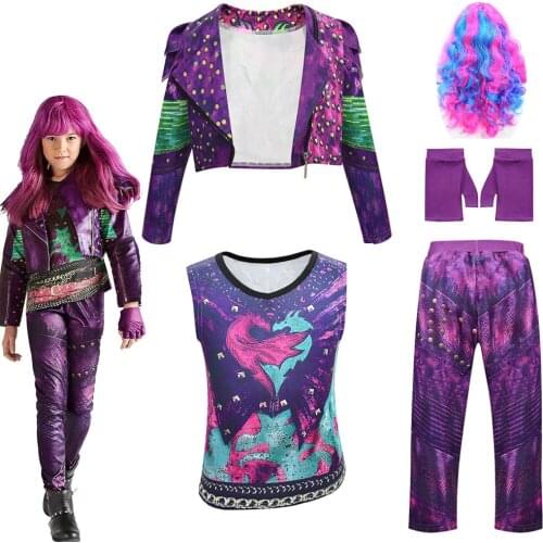 2020 New Anilnc Descendants 3 Jacket Evie Deep Purple Long Wave Wig Child Role Playing Jacket Vest Pants Children Halloween Set