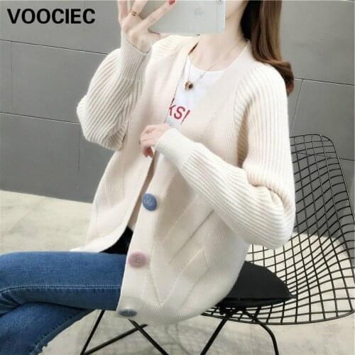 VOOCIEC New autumn 2020 Fruit green sweater Korean Short Knitwear Loose wear Korean Short Knitwear puff sleeve Cardigan coat
