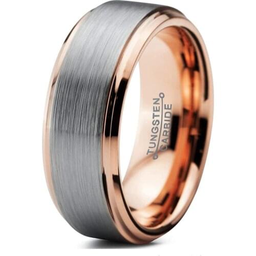8MM Tungsten Carbide Wedding Band for Women And Men Rose Gold Color Stepped Beveled Edges Brushed Ring for Anniverasry Gift