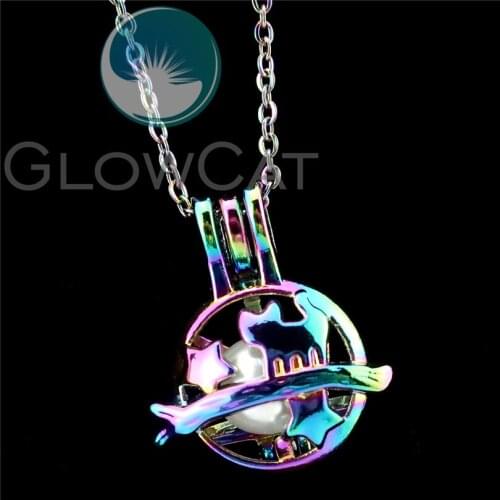 R-C804 Rainbow Colors Beads Cage 23mm Cartoon Star Cat Pendant Perfume Diffuser Oyster Pearl Cage Locket Necklace