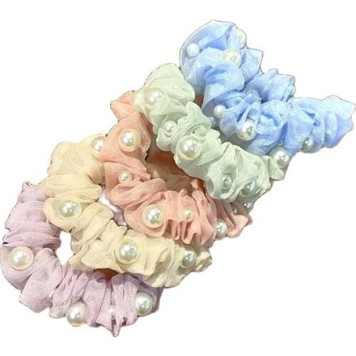 Classic Style Candy Color Pleat Imitation Pearl Girls Hair Ring Ponytail Braid Rubber Band Headrope Hair Ornament