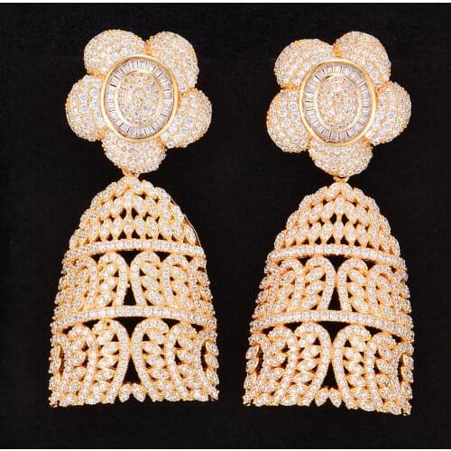 LARRAURI Luxury Full Cubic Zirconia Big Drop Dangle Earrings Flower Pendant Nigerian African Indian Bridal Wedding Earrings 2019