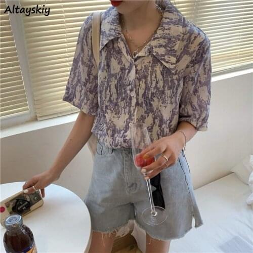 Shirts Women Harajuku Retros Fashion Print Tie Dye Short Sleeve Summer Beachwear Holiday Preppy Style Couples Unisex Loose Chic