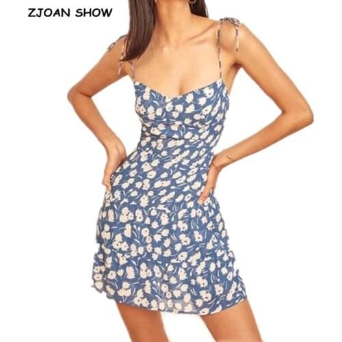 Sexy French Adjust Spaghetti Strap Women Mini Dress Back Elastic Ruched Blue White Floral Print Dresses Party