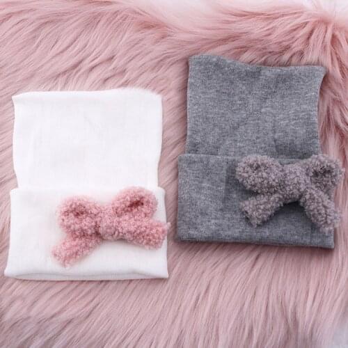 Cute Bow Hospital hats for Newborn Baby boys Girls Soft White Cotton Kint Beanies Hats For Kids Child Baby Photography Props Hat